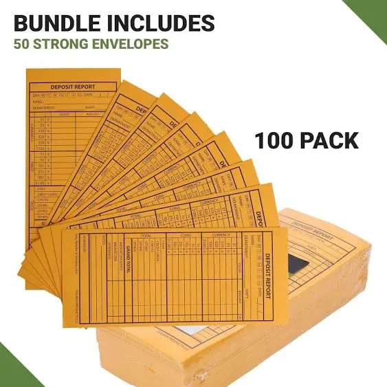 100 Cash Drop Envelopes - Bulk Cashier Deposit Envelopes for Cash Recordkeeping, Perfect for Business, Banks, Stores, Retail and Restaurants (Yellow