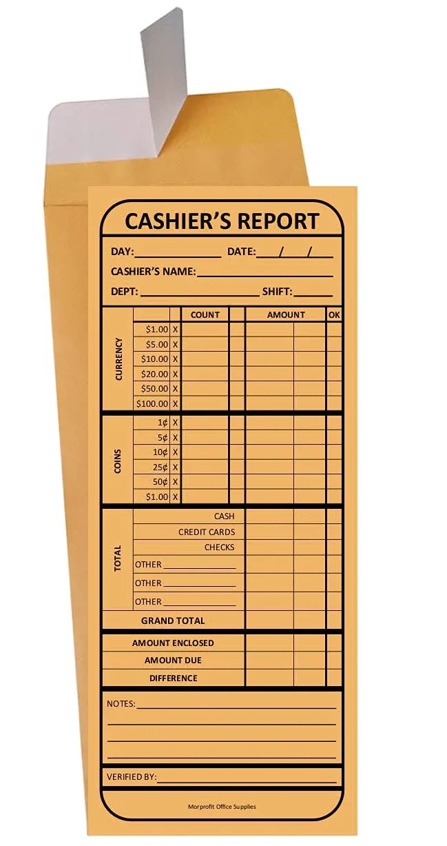 100 Cashier's Deposit Report Envelopes - For Stores, Restaraunts and Retail Businesses