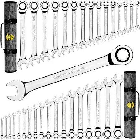 TOOLGUARDS Complete Ratcheting Wrench Set 33pcs - Metric and Standard - Combination Ratchet Wrench Set - 100% Lifetime Satisfaction Guarantee - Large