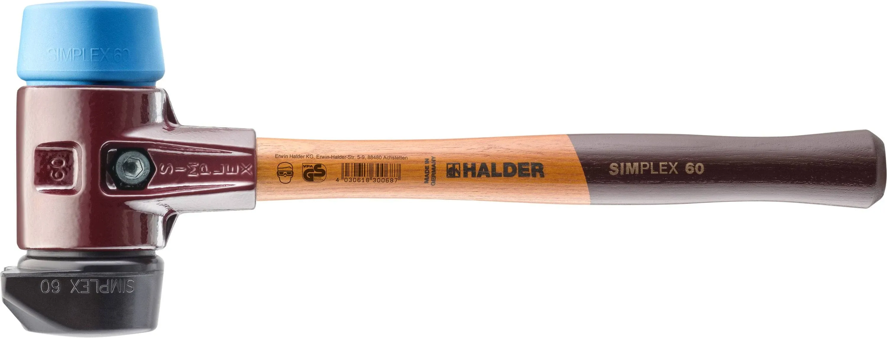 Halder USA - Simplex Mallet with Soft Blue Rubber (non-marring) and STAND-UP Black Rubber Inserts (3012.26)