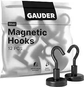 GAUDER Magnetic Hooks | Neodymium Hooks for Fridges and Whiteboards | Black Magnets for Hanging (12 pcs)