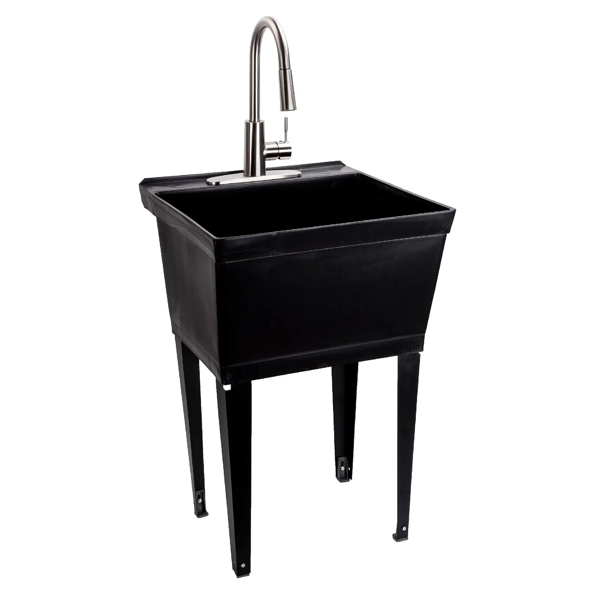 Laundry Sink Utility Tub With High Arc Metal Pull Down Faucet By JS Jackson Supplies, Stainless Faucet, Black Tub