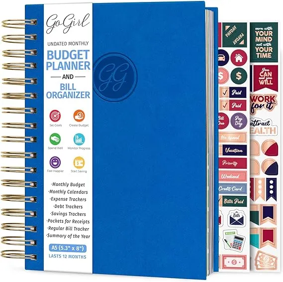 GoGirl Budget Planner & Monthly Bill Organizer – Monthly Financial Book with Pockets. Expense Tracker Notebook Journal, Compact (Blue)