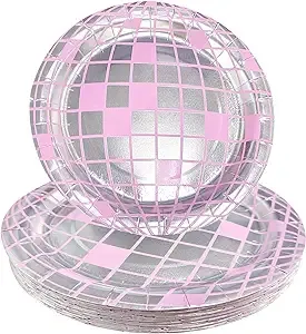 Disco Plates 25P Disco Ball Plates 7&#034; Pink Disco Ball Paper Plates for 70&#039;s D...