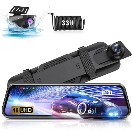 Upgraded 4K 10'' Rear View Mirror Camera Mirror Dash Cam Front and Rear Touch Screen Smart Rear View Mirror Backup Camera 1080P Super Night Vision Parking Monitor Reverse Assist with 32ft Cable