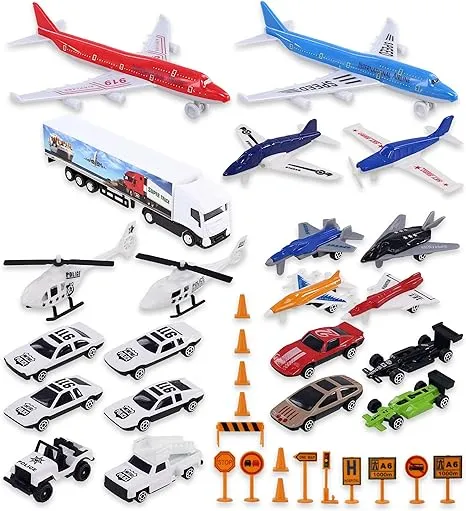 Mozlly Diecast Plane Set - Airport Playset Includes Airplanes, Jet Planes, Helicopters, Traffic Signs, Police Cars, Race Cars, and Street Cars - Airplane Terminal for Kids Pretend Play - 36 Pieces