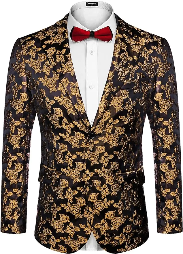 COOFANDY Men&#039;s Floral Tuxedo Jacket Rose Embroidered Suit Jacket Wedding Prom Di