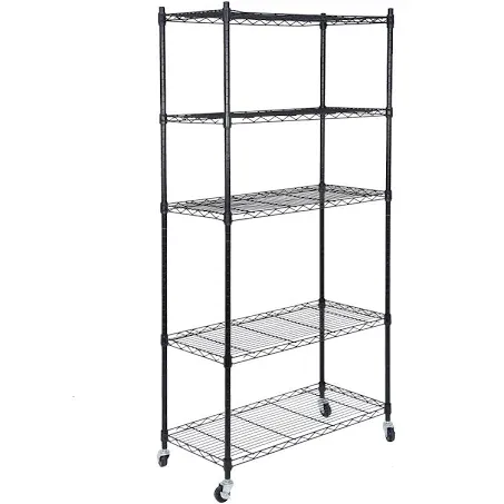 SUPER DEAL Black 5-Shelf Heavy Duty Storage Wire Shelving Unit with Wheels for Restaurant Garage Pantry Kitchen Garage Rack (30L x 14W x 63H)