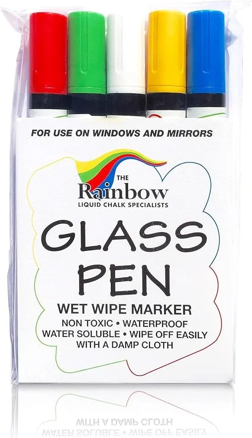 Glass Pen Window Marker: Liquid Chalk Markers for Glass, Car Marker or Mirror Pen with Washable Paint - Car Windows, Storefront Window, Wedding, Parade, Party & Holiday Decorations (5 Pens - Fine Tip)