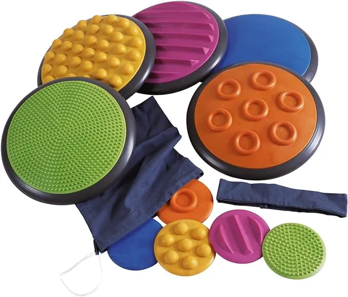 GONGE Tactile Sensory Discs - Starter Set - 10 Textured Stepping Discs, Sensory Exploration, Cognitive Development - Includes Blindfold - Ages 1+, Vibrant