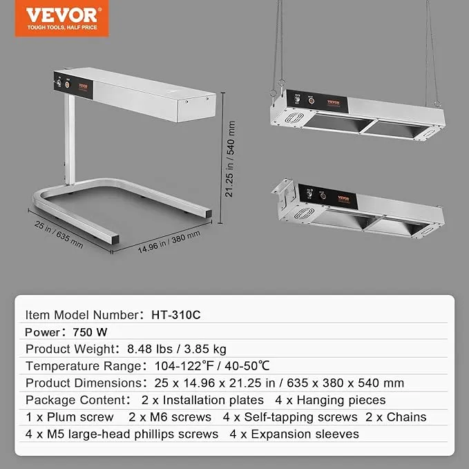 VEVOR French Fry Food Warmer, 750W Commercial Strip Food Heating Lamp, Electric Stainless Steel Warming Light Dump Station, Countertop 104-122°F Fries Warmer for Chip Buffet Kitchen Restaurant, Silver