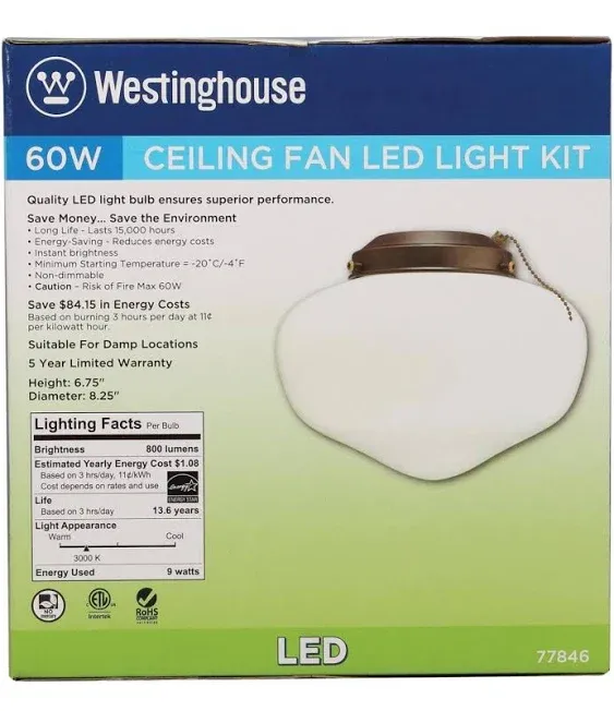 Westinghouse 7784600 LED Schoolhouse Indoor/Outdoor Energy Star Ceiling Fan Light Kit, Oil Rubbed Bronze Finish with White Opal Glass