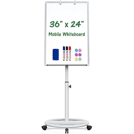 Mobile Whiteboard, 36 x 24 inches Portable Magnetic Dry Erase Board with Stand Height Adjustable Rolling White Board on Wheels Dry Erase Easel Standing Board, Magnets, Dry Erase Markers, Eraser