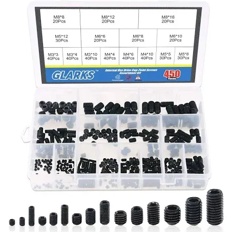 Glarks 450Pcs M3/M4/M5/M6/M8 Allen Head Socket Set Screw, 12.9 Class Black Alloy Steel Internal Hex Drive Grub Screw Assortment Kit