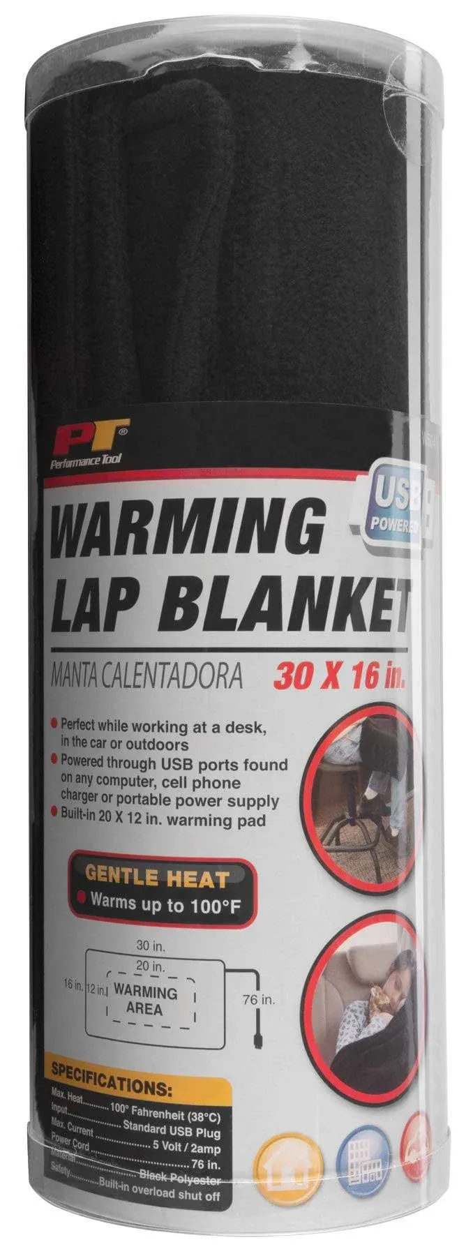 Performance Tool W6046 USB Heated Lap Blanket - 20 x 12" Size, 76" Cord, Overload Shut Off, Perfect for Home or Office Use