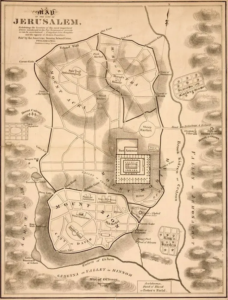 Map of the city of Jerusalem exhibiting the location of the most important places mentioned in the New Testament as correctly as can be ascertained Poster Print (18 x 24)