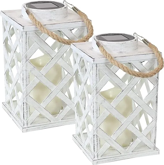 Sunnydaze Modern Crosshatch 9-Inch Solar LED Decorative Candle Lantern - Tabletop/Hanging Light - Set of 2 - White