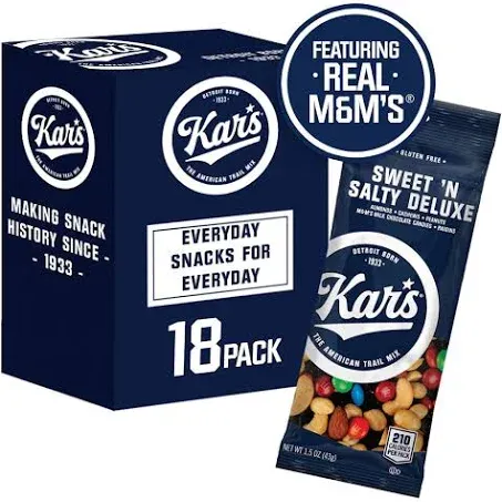 Kar’s Nuts Sweet ‘N Salty Deluxe Trail Mix, 1.5 oz Individual Snack Packs – Bulk Pack of 18, Gluten-Free Snacks