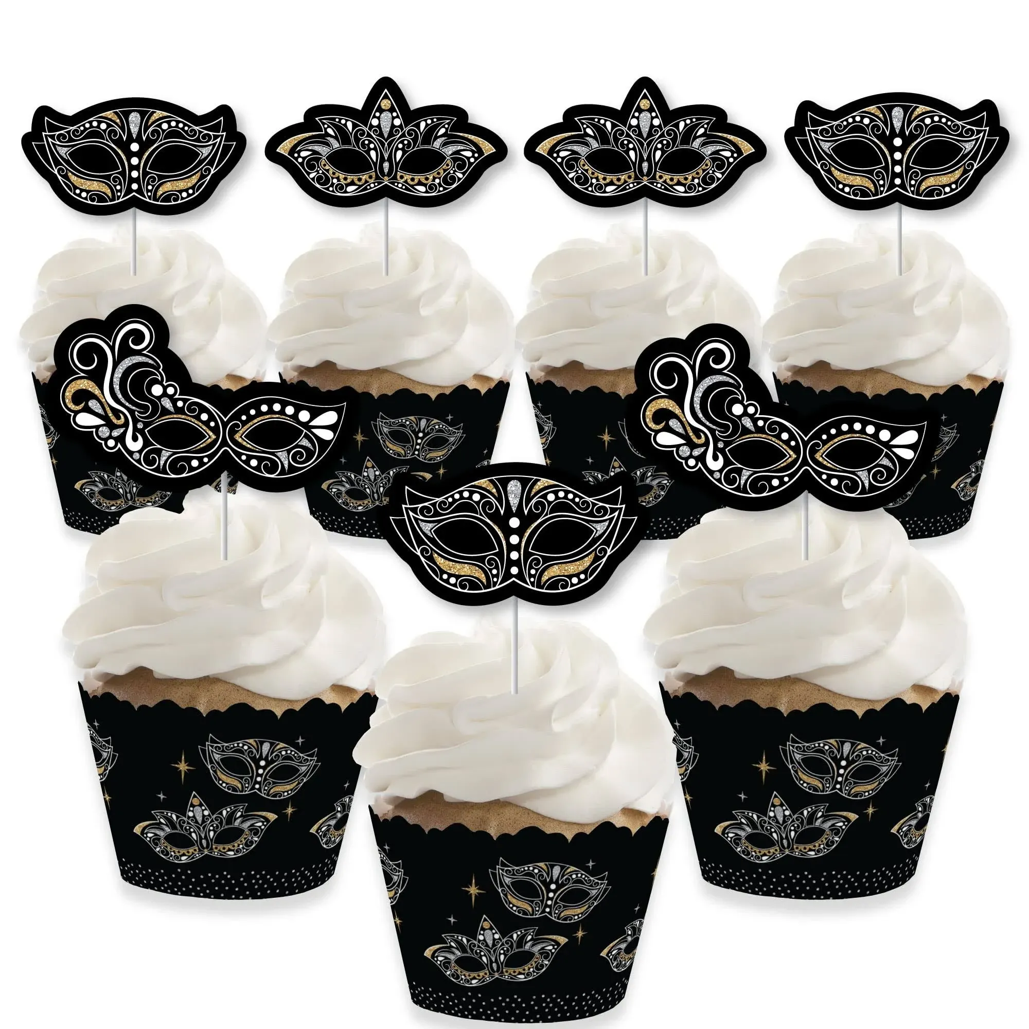 Masquerade - Cupcake Decoration - Venetian Mask Party Cupcake Wrappers and Treat Picks Kit - Set of 24