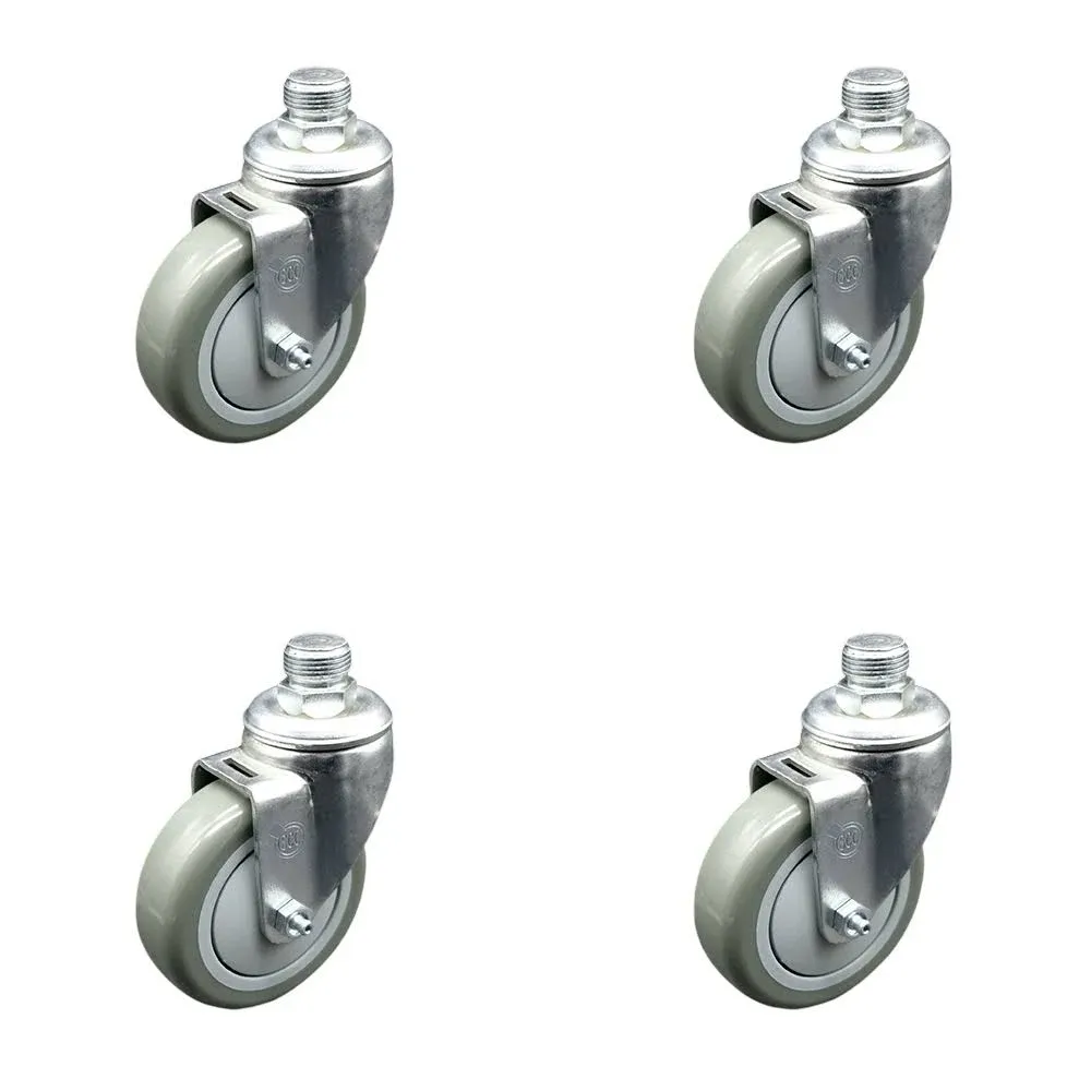 3/4" NPT Pipe Threaded Stem Swivel Caster Set w/4” x 1.25” Gray Non-Marking Polyurethane Wheels – 1,400 lbs. Total Capacity – Set of 4 – Service Caster Brand