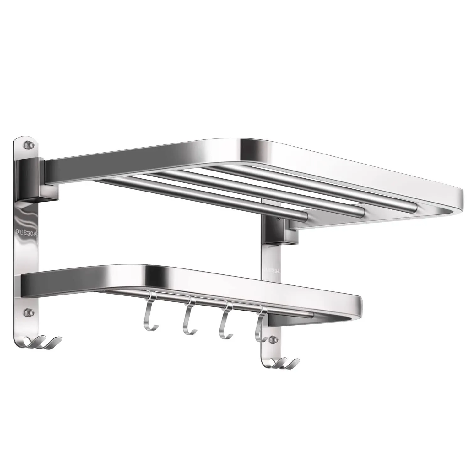 DDS-DUDES Towel Double Bar,Adhesive Towel Rack Holder Bathroom Shelves, Lavatory Wall Mounted Stainless Steel Hotel Double Level Bath Shower Shelf with Towel Bar (Silver 16 inches)