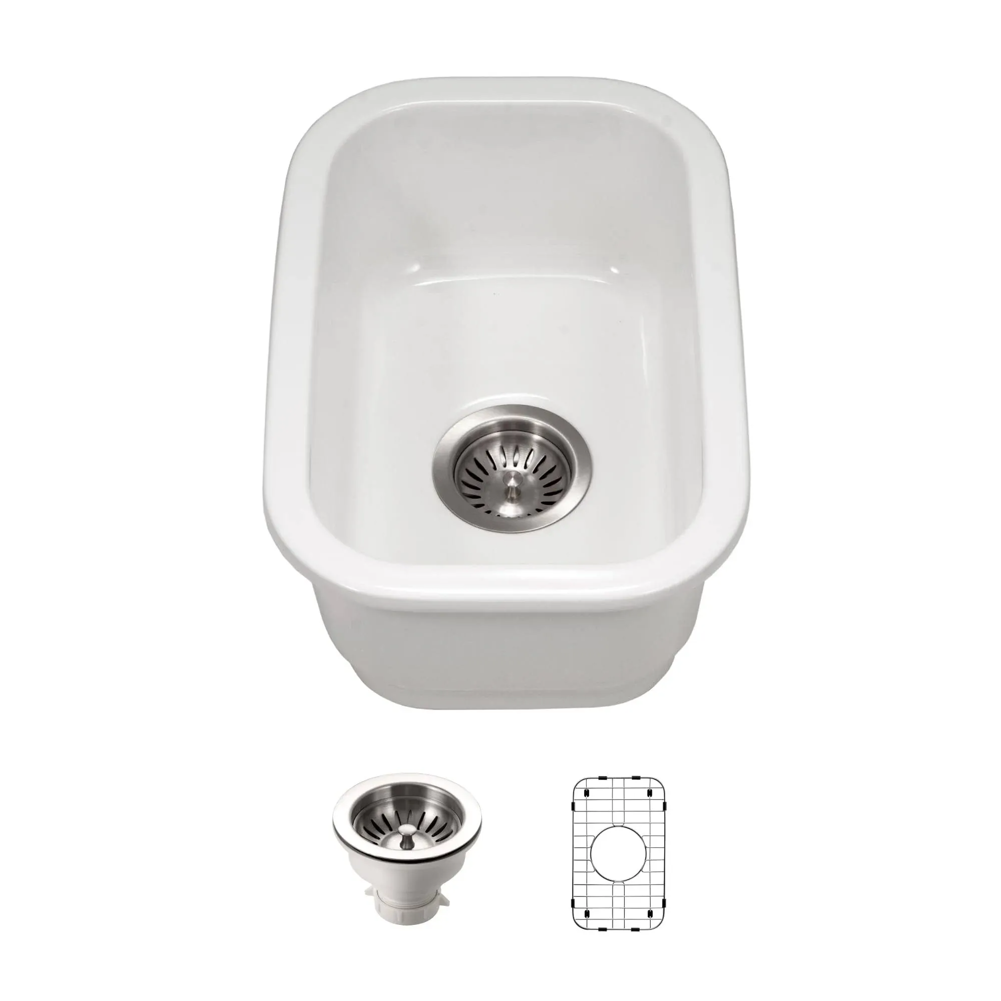 Houzer Platus 13 inch White Fireclay Undermount Single Bowl Bar Sink with Strainer & Grid - PTB-1318 WH-C