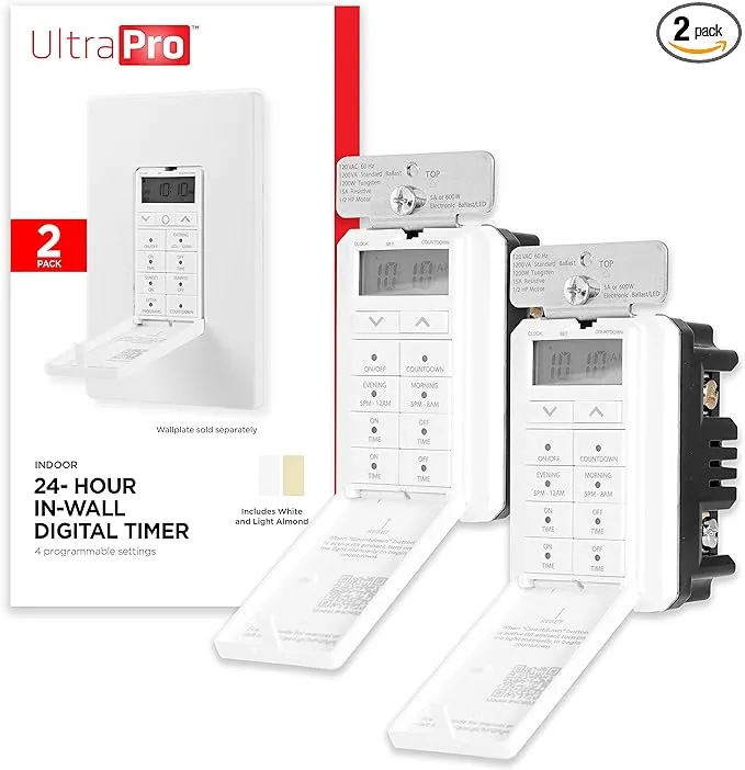 UltraPro 24-Hour Digital In-Wall Timer 2 Pack, 4 Programmable, Override Button, Door Cover, Presets/Countdown, Ideal for Indoor, Lamps, LED, Seasonal