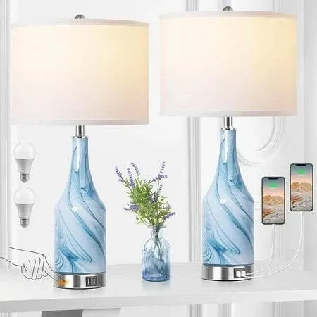 Blue Glass Table Lamps for Bedrooms Set of 2 Modern 3-Way Dimmable Touch Blue-White Art Nightstand Bedside Lamps with USB Ports for Living Rooms End Side Table Home Decoration(LED Bulbs Included)