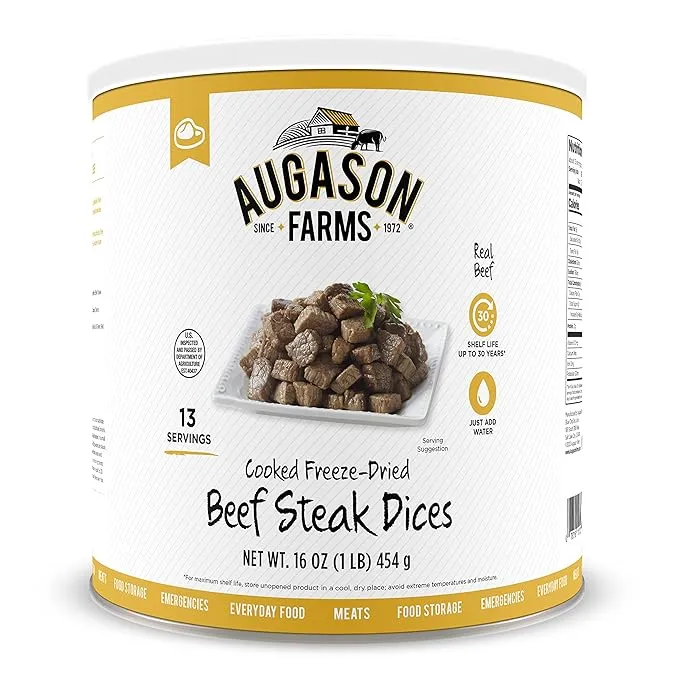 Augason Farms Freeze Dried Precooked Beef Steak Dices Can, Emergency Food Supply, Everyday Meals, 13 Servings