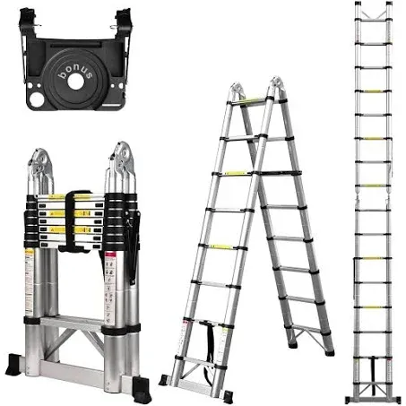 Telescoping Ladder A Frame, 16.5 Ft Compact Aluminum Extension Ladder, Portable Telescopic RV Ladder for Outdoor Camper Trips Motorhome with Tool Platform and Stabilizer Bar, 330 lb