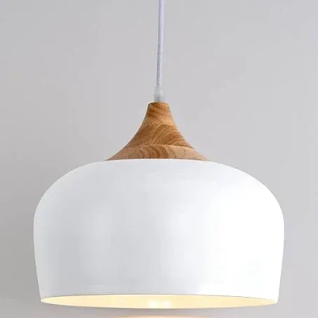 Modern Solid Wood Pendant Light, Large Ceiling Hanging Lamp with Dome Metal Shade,Adjustable Light Fixture for Kitchen Island,Dining Room,Bedroom,Hollway,Entryway - White