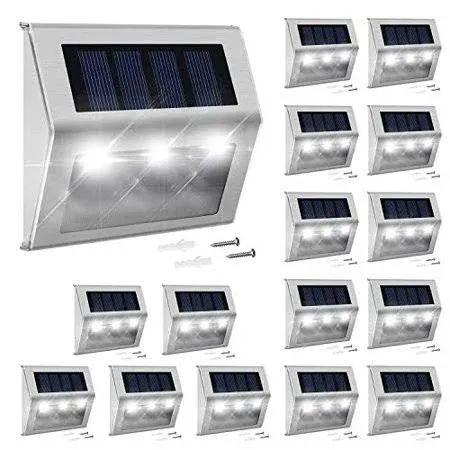 JACKYLED 7 LED Solar Step Lights, 3-Side Lenses, Waterproof, Stainless Steel, Garden, Patio, Deck, Fence, Stairs, 8-Pack, Cool White