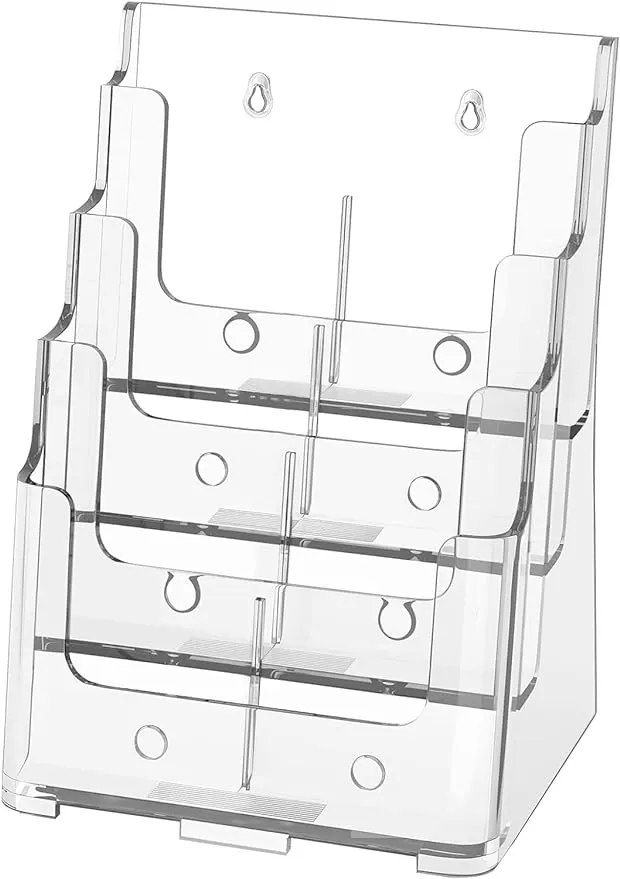 Acrylic Brochure Holder 8.5x11 & 4 x9 Inches, Clear 4 Tier Magazine Holder Brochure Display Stand w Removable Divider, Literature Pamphlet Flyer Holder for Wall Mount or Countertop