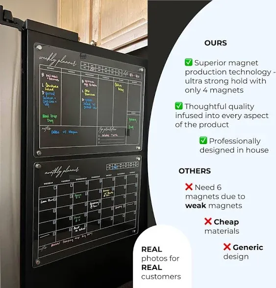 Magnetic Acrylic Calendar for Fridge (16x12in) Set of Weekly and Monthly Clear Calendars for Refridgerator Includes 5 Chalk Dry Erase Markers and Eraser