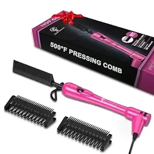 Mini Pink Hot Comb 500 Degree, Dual Voltage Electric Pressing Comb for Black Hair, Portable Ceramic Straightening Comb, Anti-Scald Plug in Hot Comb Hair Straightener for Wigs, 4C Hair & Beard