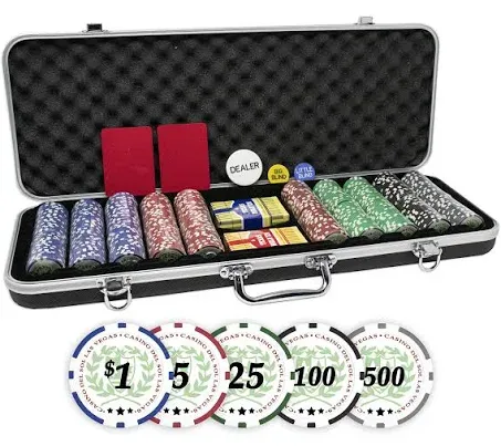 DA VINCI Professional Set of 500 11.5 Gram Casino Del Sol Poker Chips with Denominations, 2 Decks of Plastic Playing Cards, 2 Cut Cards & 3 Dealer Buttons (Silver Aluminum Frame Case)