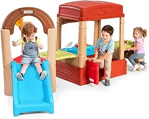 Simplay3 Sunny Slide and Climb Picnic Playhouse - Indoor or Outdoor Backyard Playset for Kids with Kitchen, Picnic Table, Toddler Slide, Working Door, Kids Ages 18 Months to 6 Years