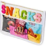 Fablinks Clear Snacks Bag, Chenille Varsity Letter Snack Pouch, Travel Zipper Bags for Mom, Aesthetic Storage Organizer Pouches for Women with Glitter Patch Letters (SNACKS-White)