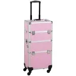 3 in 1 Aluminum Makeup Case,Large Cosmetic Train Rolling Case,Professional Makeup Tavel Case Travel Beauty Organizer Box (Pink)