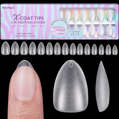 BTArtbox Short Almond Nail Tips - Natural Short Fake Nails with Tip Primer Full Cover, Stronger Nail Adhesion, Clear Soft Gel Nail Tips for Nail Extensions DIY Art