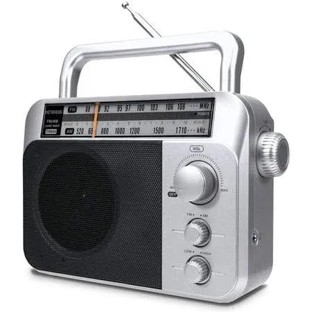 Retekess TR604 AM FM Radio Portable Transistor Analog Radio with 3.5mm Earphone Jack Battery Operated Boombox by 3 D Cell Batteries or AC Power (Silver, AM FM)