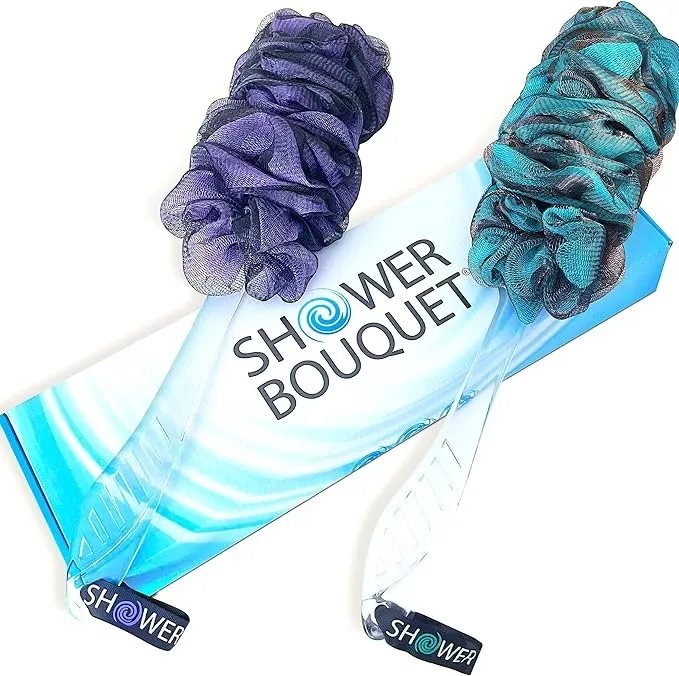 Loofah-Charcoal Back-Scrubbers Color-2-Pack-by-Shower-Bouquet: Long-Handle Bath-Sponge-Brushes with Extra Large Soft Mesh for Men & Women - Exfoliating Full Pure Cleanse in Bathing Accessories