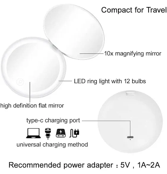 Milishow 2PC Compact Mirror with LED Light,1x/10x Magnifying  Assorted Colors 