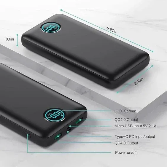 30,800mAh LCD Display Power Bank with 25-Watt PD Fast Charging Plus QC 4.0 and Tri-Outputs Battery Pack in Black