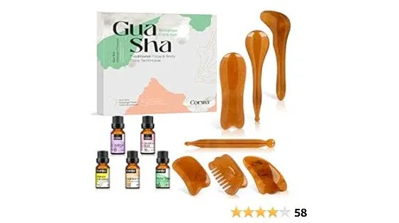 Gua Sha Facial Tools and Massage Oil Set, Natural Amber Stone GuaSha Massage Tool for Face and Body Massage, Skin Scraping Lifting and Firming, Back and Neck Release Reduce Muscle Pain (12 in 1)