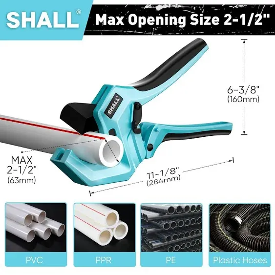 SHALL PVC Pipe Cutter, Cuts Up to 2-1/2, Heavy-Duty Aluminum Ratchet Pipe Cutter Tool for PVC, PPR, PE, PEX, Plastic Hoses & Plumbing Pipes, Fast Pipe