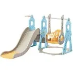 4-in-1 Toddler Slide and Swing Set with Extra Large Playground, Basketball Hoop & Climber, Indoor/Outdoor Playset, Castle Collection - Blue & Yellow