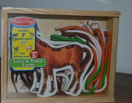 NEW Melissa &amp; Doug Lace &amp; Trace Wooden Farm Animal Pieces Laces Age 3+ Cow Pig