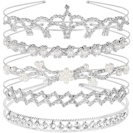 Teenitor 5Pcs Crystal Headband Set, Jewelry Rhinestone Women Girl Hair Style Accessories Wedding Party Tiara Headdress- Silver Tiara for Little Girls