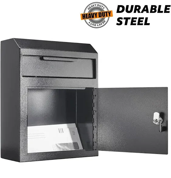 Extra Large Metal Wall Mount Locking Deposit Drop Box Safe - Heavy Duty Extra Large Lock Box for Keys, Mail, Rent, Checks, Deposit, and Payments (12'' x 4.25'' x 14.75'') (Black)